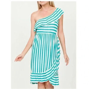 🆕Egs Jade & White Stripe Asymmetric Tulip-
Hem Midi Dress L🆕